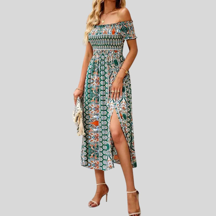 Off-the-shoulder boho maxi dress with ruffled top