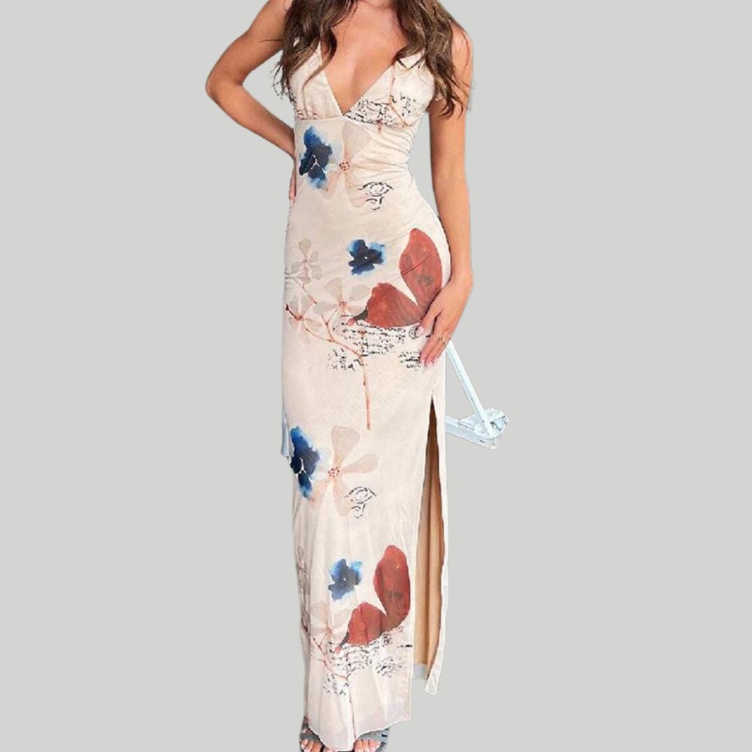 Maxi dress with floral print and V-neckline