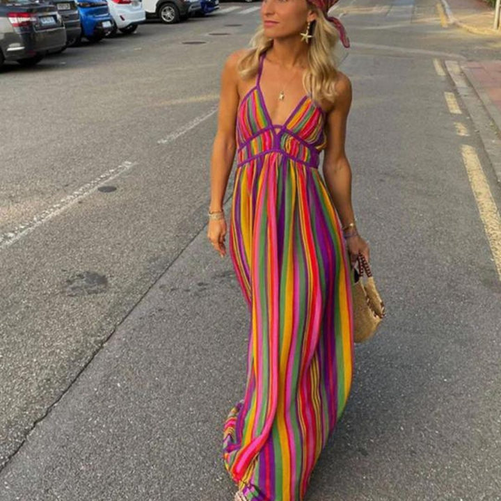 Vibrant striped maxi dress with waist cinching