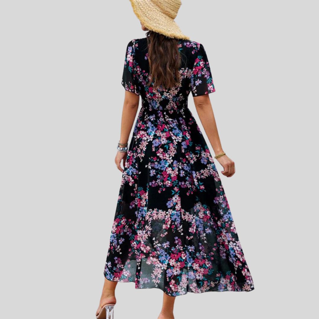 Floral V-neck midi dress with short sleeves