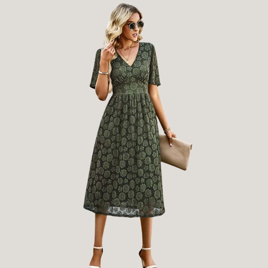 Lace midi dress with V-neckline