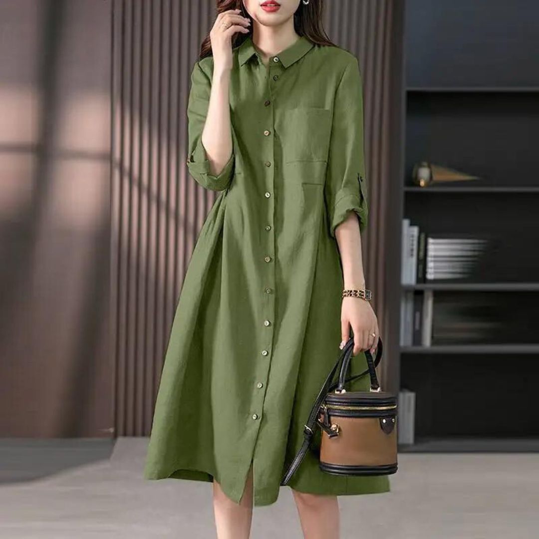 Shirt dress with button placket and breast pocket