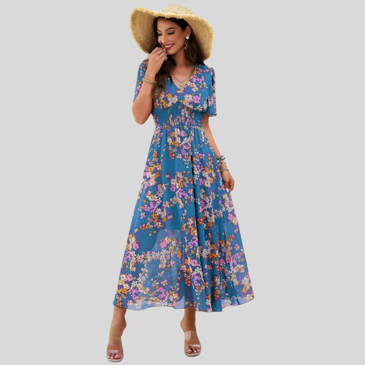 Floral V-neck midi dress with short sleeves