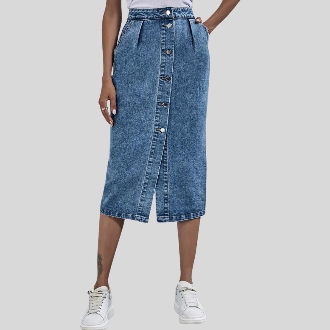 Chic denim midi skirt with button placket