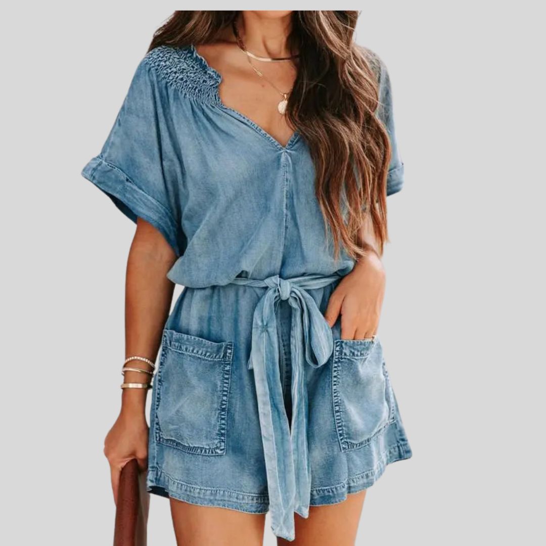 Casual denim romper with smocked detail