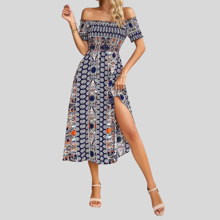 Off-the-shoulder boho maxi dress with ruffled top