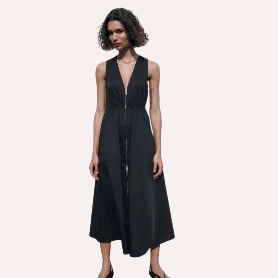 Chic V-neckline midi dress with waist cinching