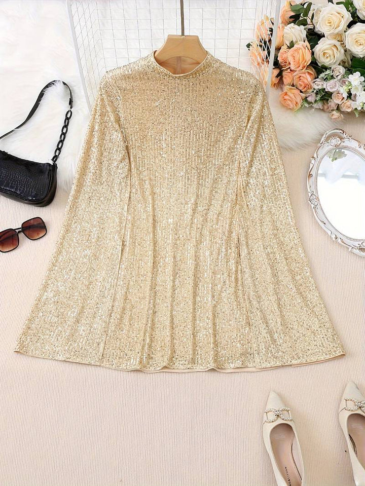 Gold-coloured sequin dress with stand-up collar