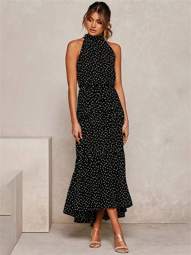 Jewelled neckline polka dot sleeveless dress