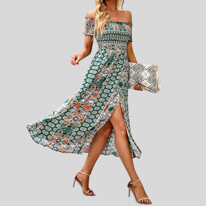 Off-the-shoulder boho maxi dress with ruffled top