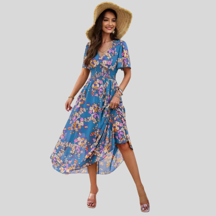 Floral V-neck midi dress with short sleeves