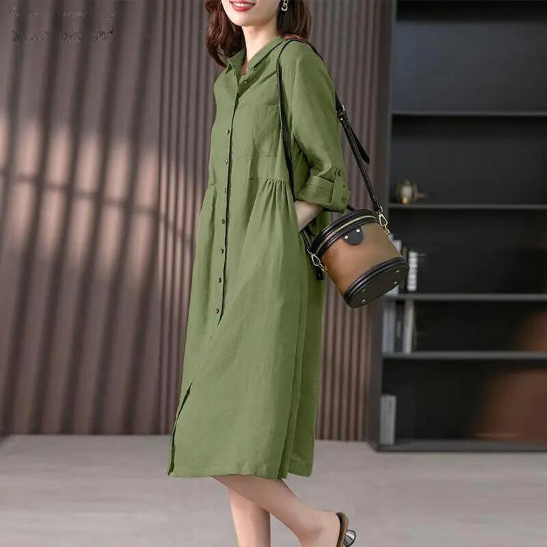 Shirt dress with button placket and breast pocket