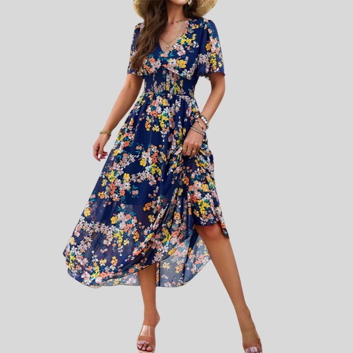 Floral V-neck midi dress with short sleeves