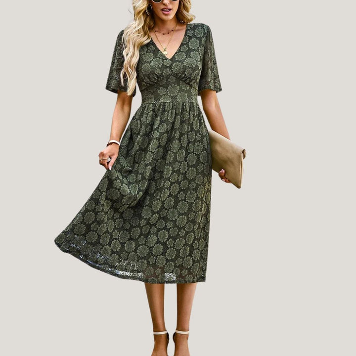 Lace midi dress with V-neckline