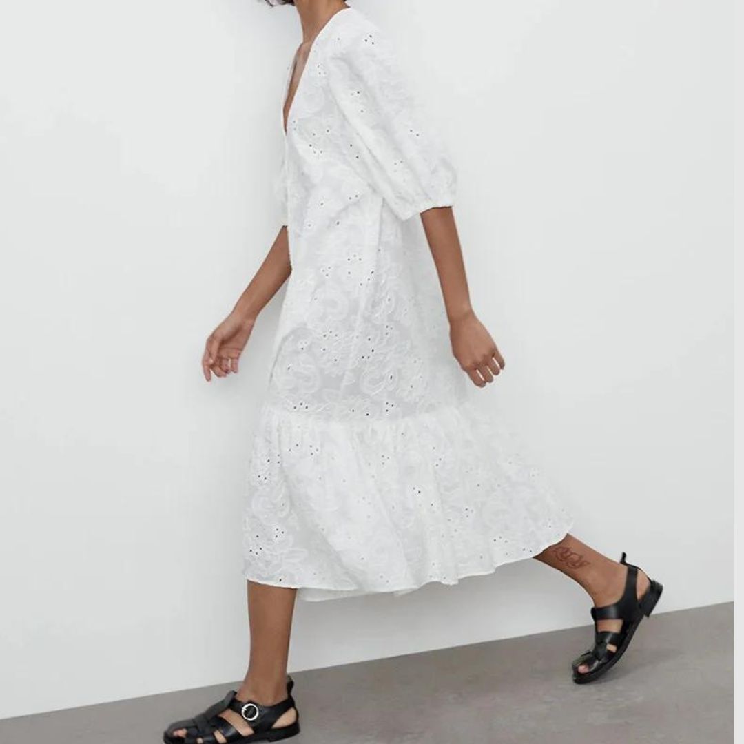 Midi dress with eyelet embroidery and puff sleeves