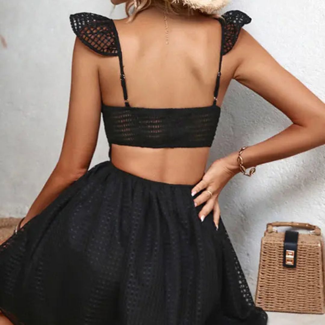 Structured skater dress with mesh puff sleeves