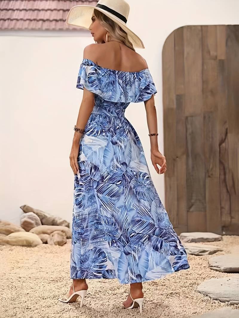 Off-the-shoulder dress with leaf print