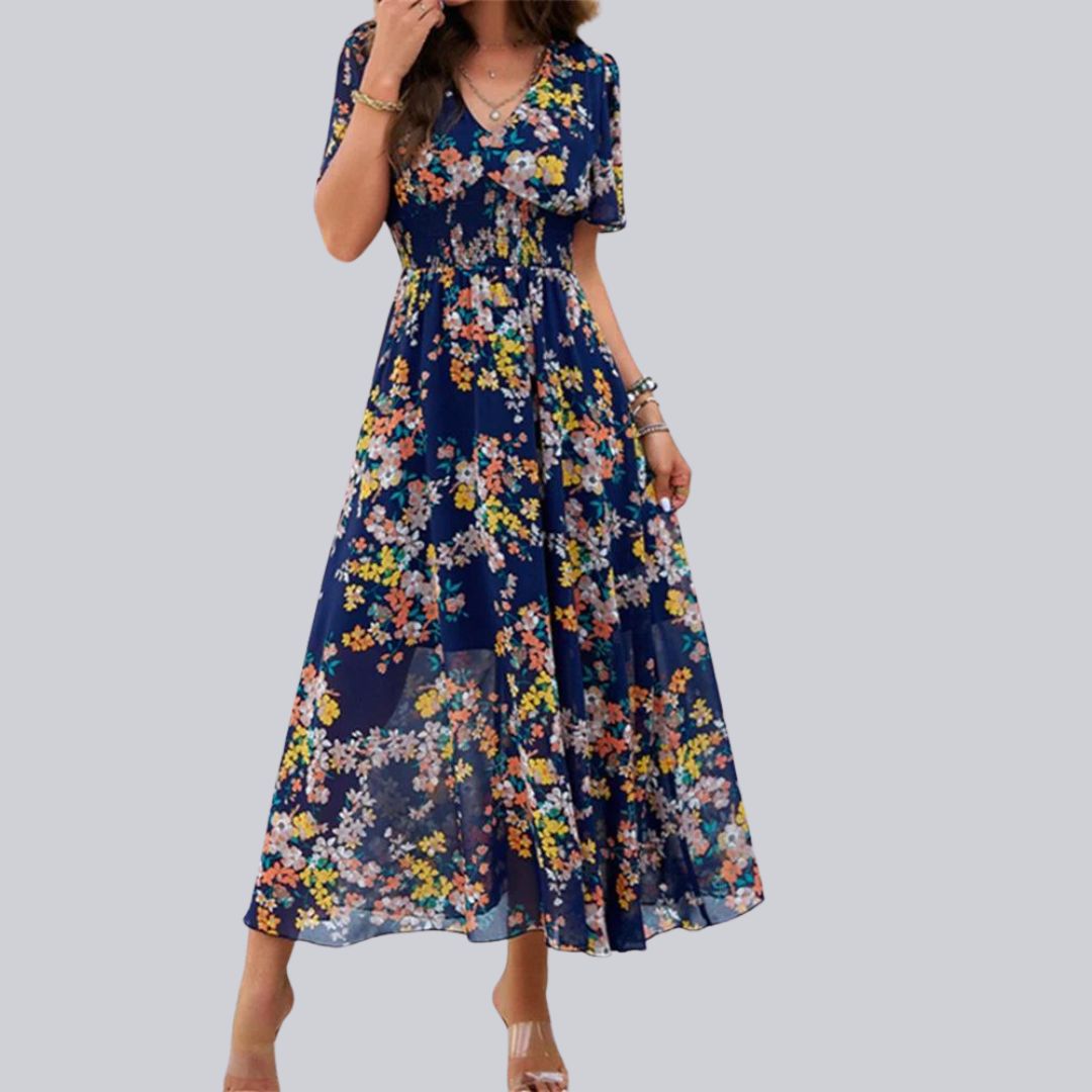 Floral V-neck midi dress with short sleeves