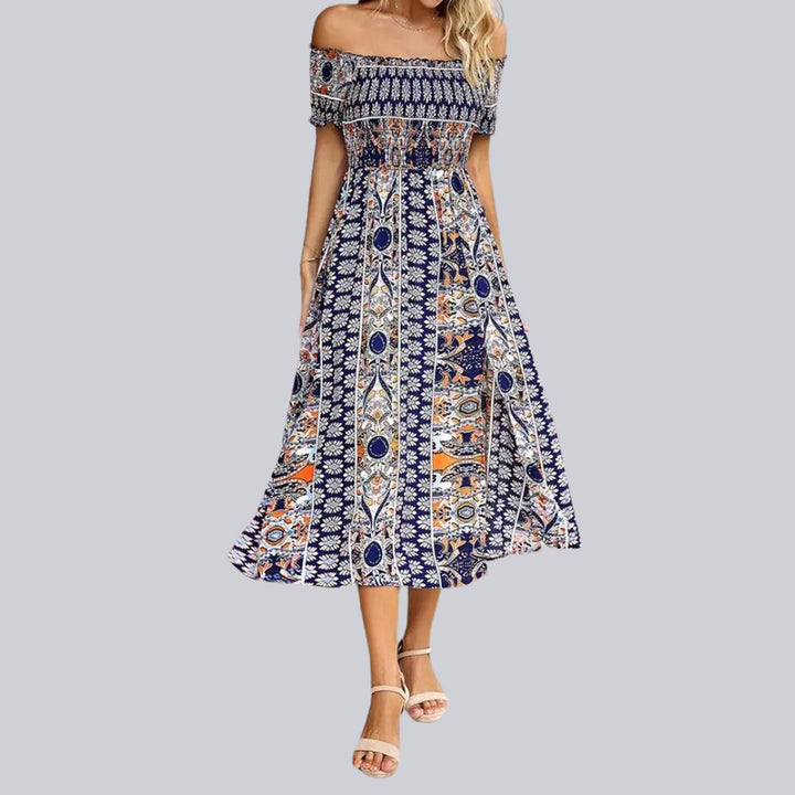 Off-the-shoulder boho maxi dress with ruffled top