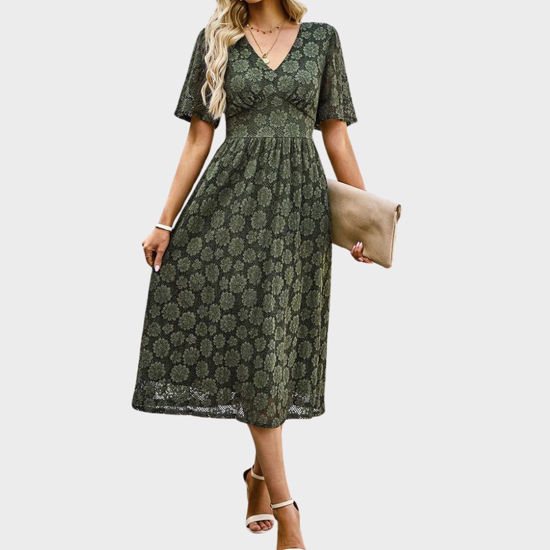 Lace midi dress with V-neckline