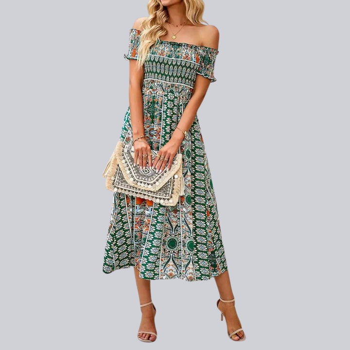 Off-the-shoulder boho maxi dress with ruffled top