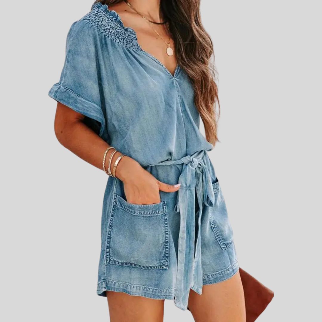 Casual denim romper with smocked detail