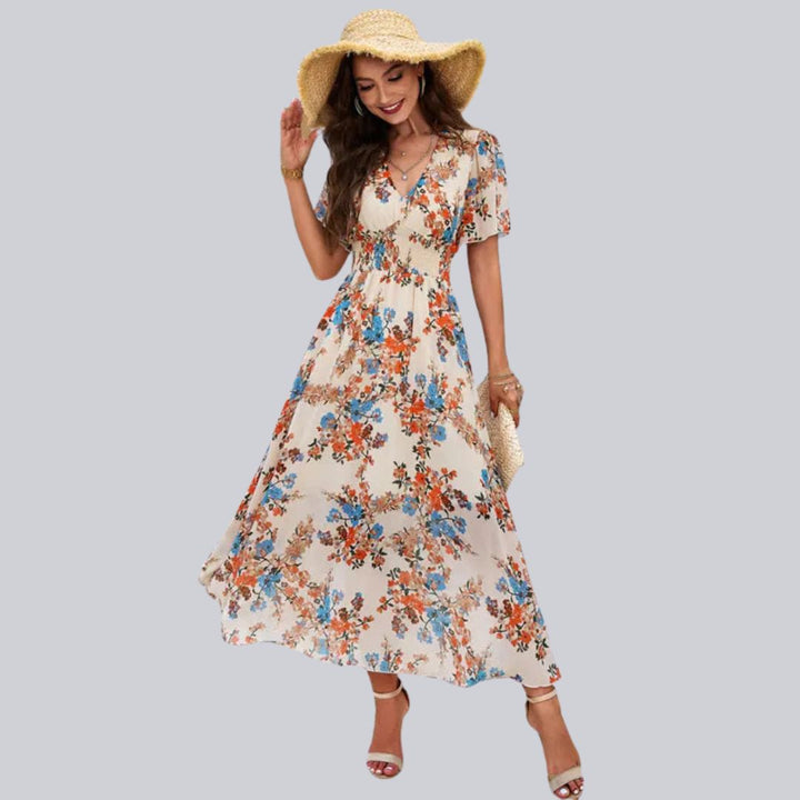 Floral V-neck midi dress with short sleeves