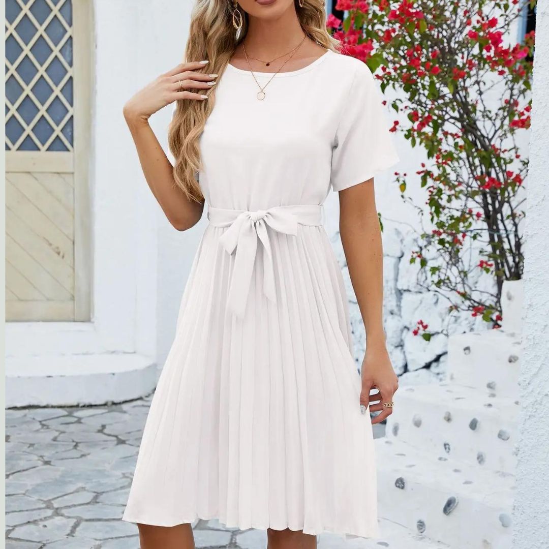 Classic pleated midi dress with waist tie