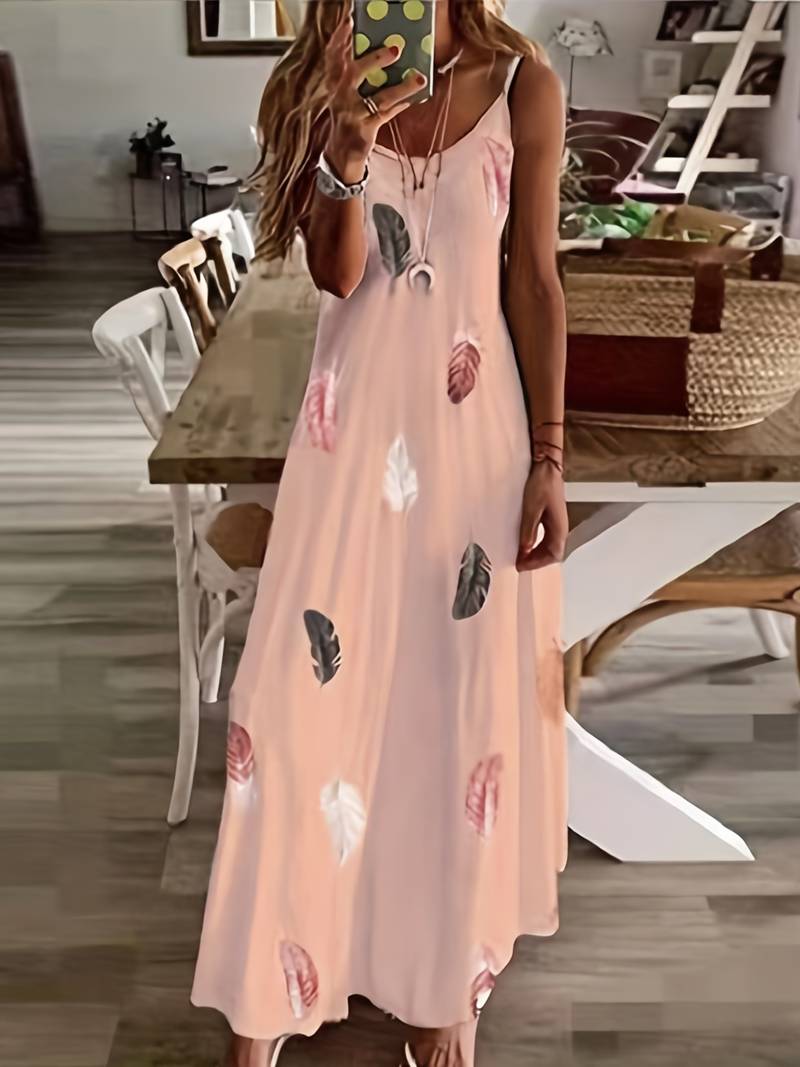 Long cami dress with feather pattern