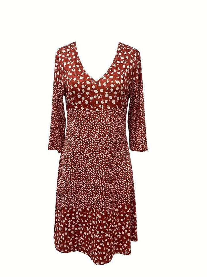 Dotted V-neck dress with floral print