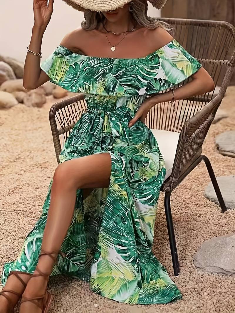 Off-the-shoulder dress with leaf print