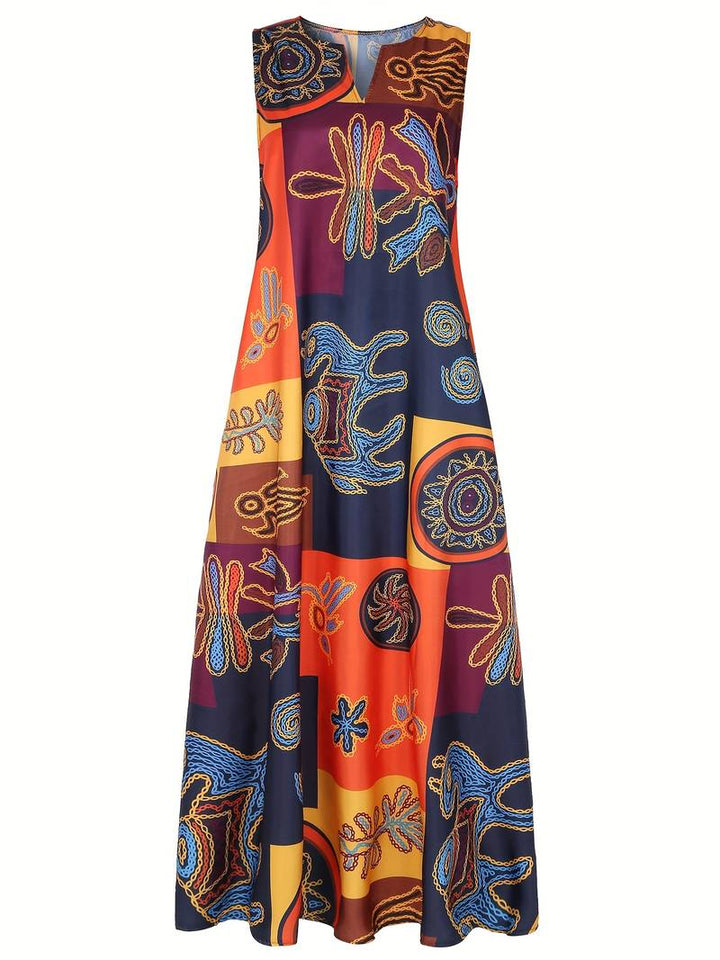 Maxi dress with V-neck and ethnic print