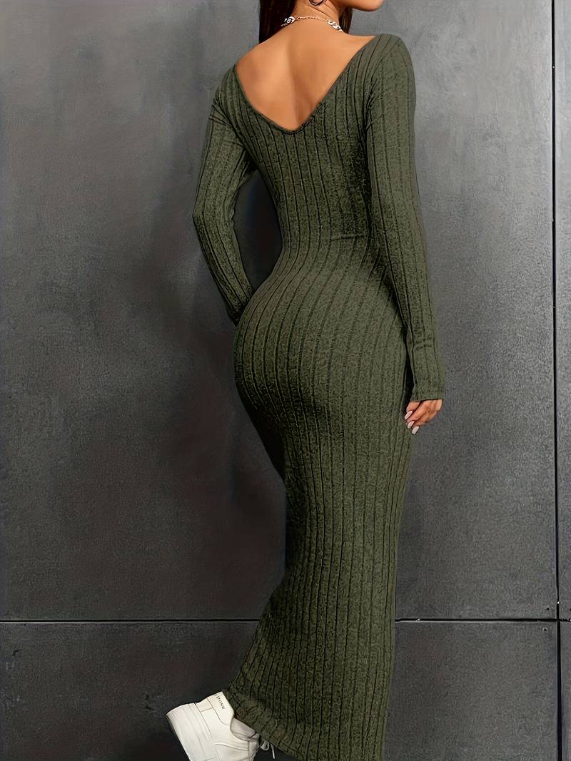 Backless long-sleeved ribbed dress