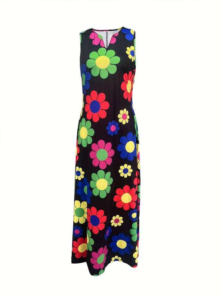 Dress with floral pattern and notched neckline