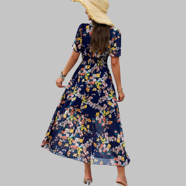 Floral V-neck midi dress with short sleeves