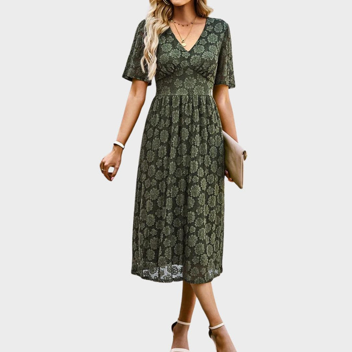 Lace midi dress with V-neckline