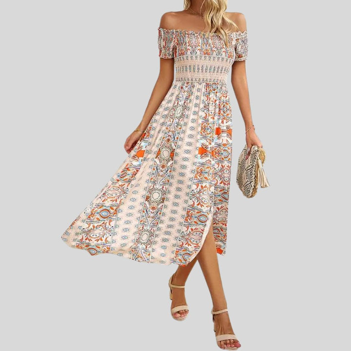 Off-the-shoulder boho maxi dress with ruffled top