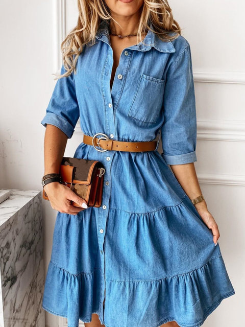 Blue denim dress with ruffles