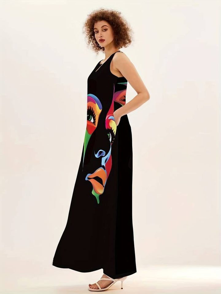 Maxi dress with abstract face print