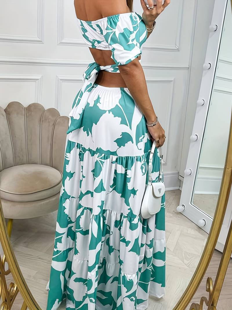 Off-shoulder cut-out waist long dress