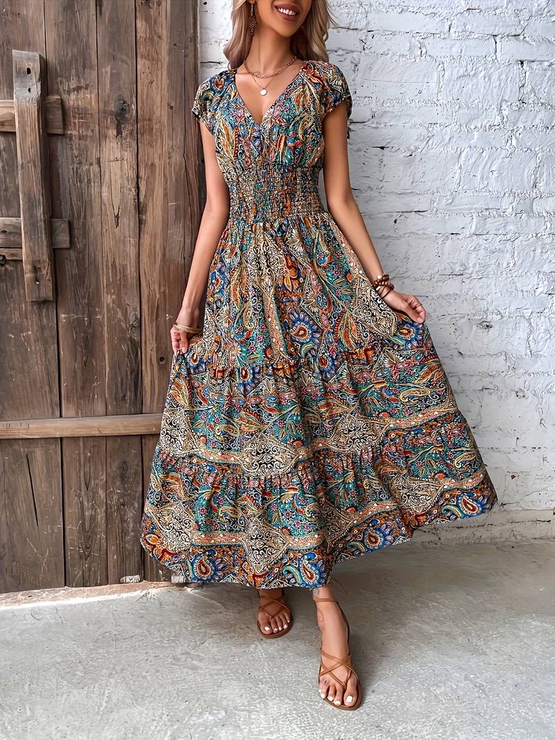 Long dress with ruffled paisley detail