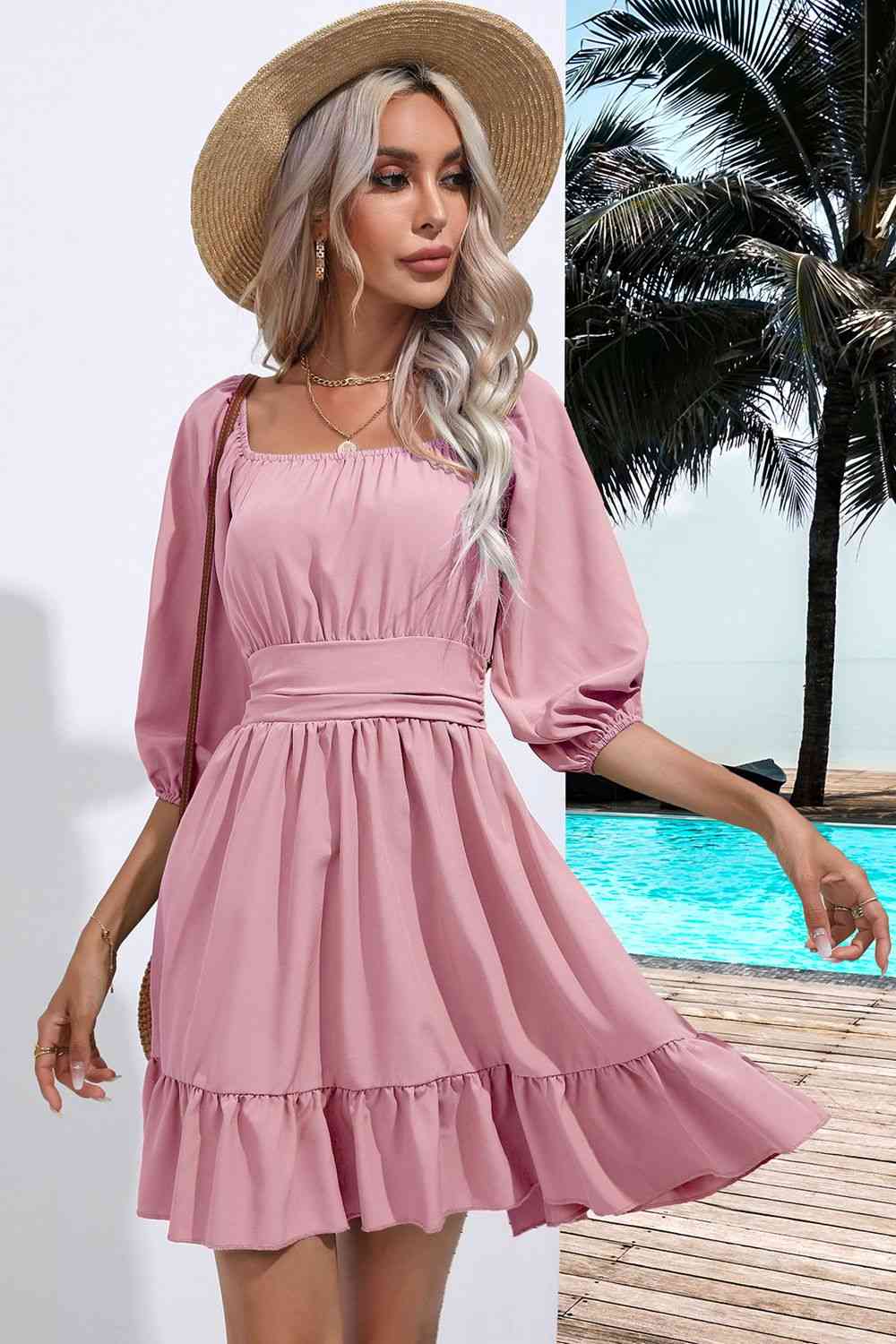 Square neckline back tie ruffle dress