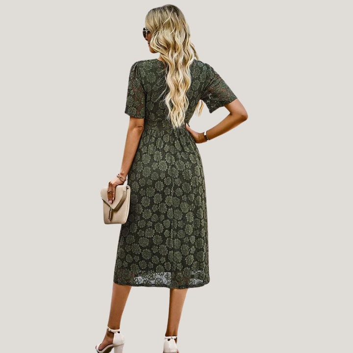 Lace midi dress with V-neckline