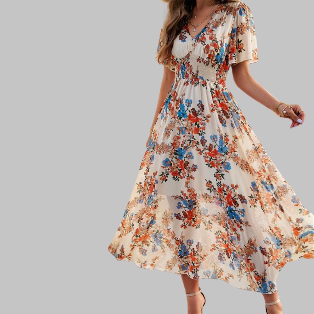 Floral V-neck midi dress with short sleeves