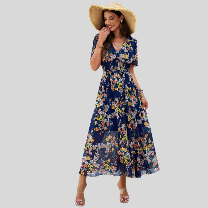 Floral V-neck midi dress with short sleeves