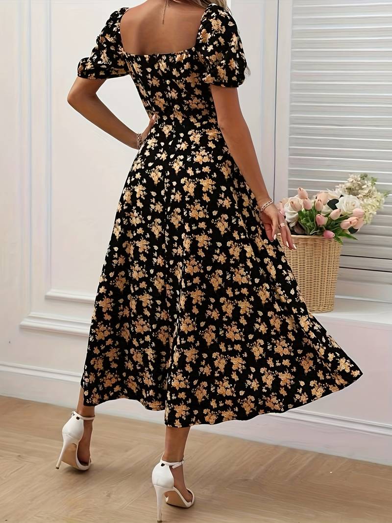 Floral puff sleeves with slit dress