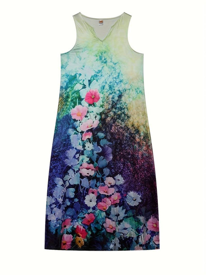 Long dress with face print and notched neckline