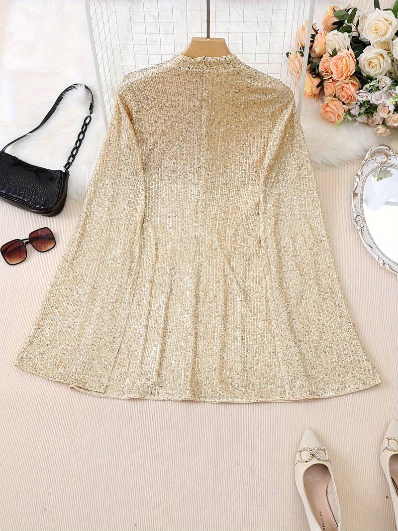 Gold-coloured sequin dress with stand-up collar