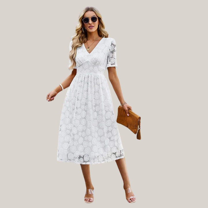 Lace midi dress with V-neckline