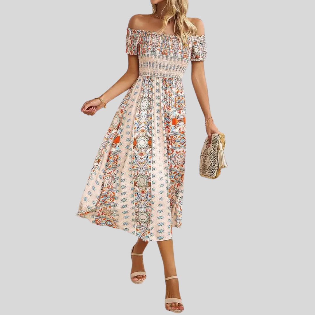 Off-the-shoulder boho maxi dress with ruffled top